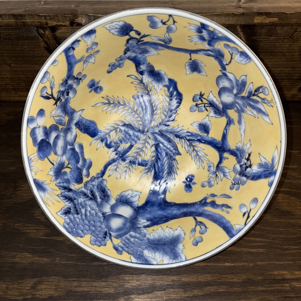 Elegant Decorative Bowl Canary Yellow With Blue Palms & Fruits Oriental Accent
